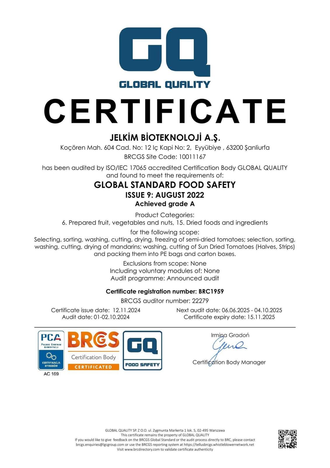 BRCGS Global Standard Food Safety — Issue 9, Grade A