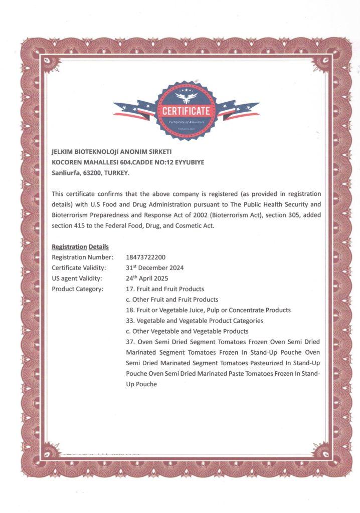 FDA Certificate — Page 1