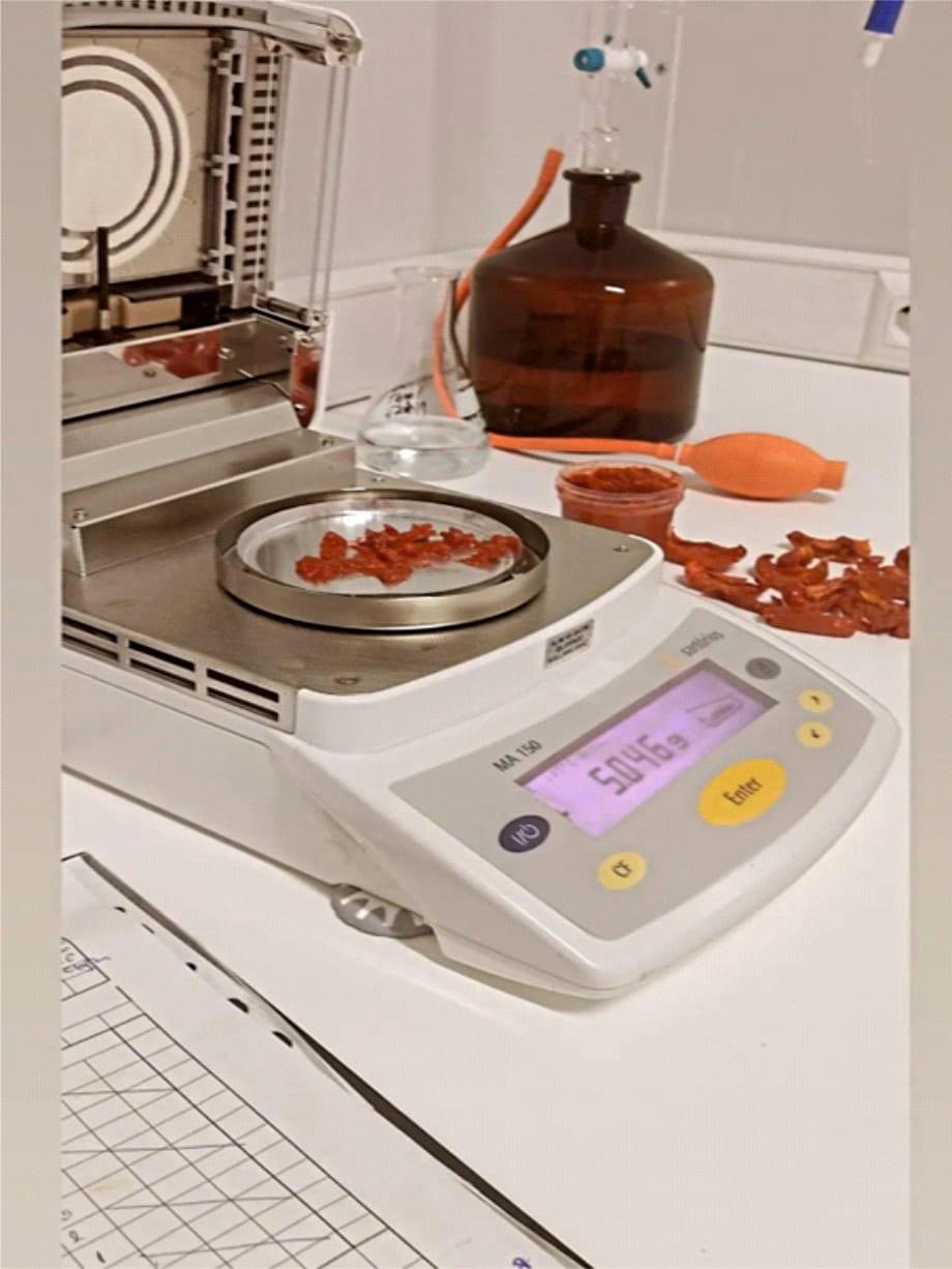 Moisture analyzer weighing dried tomato strips