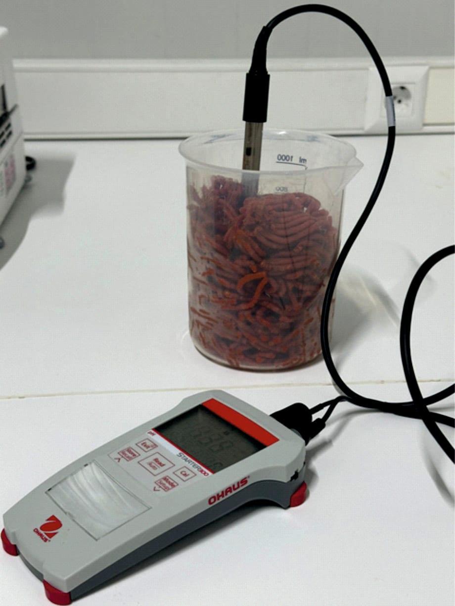 pH meter probe measuring a product sample